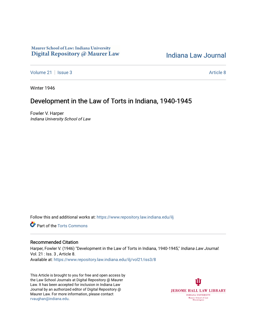 Development in the Law of Torts in Indiana, 1940-1945