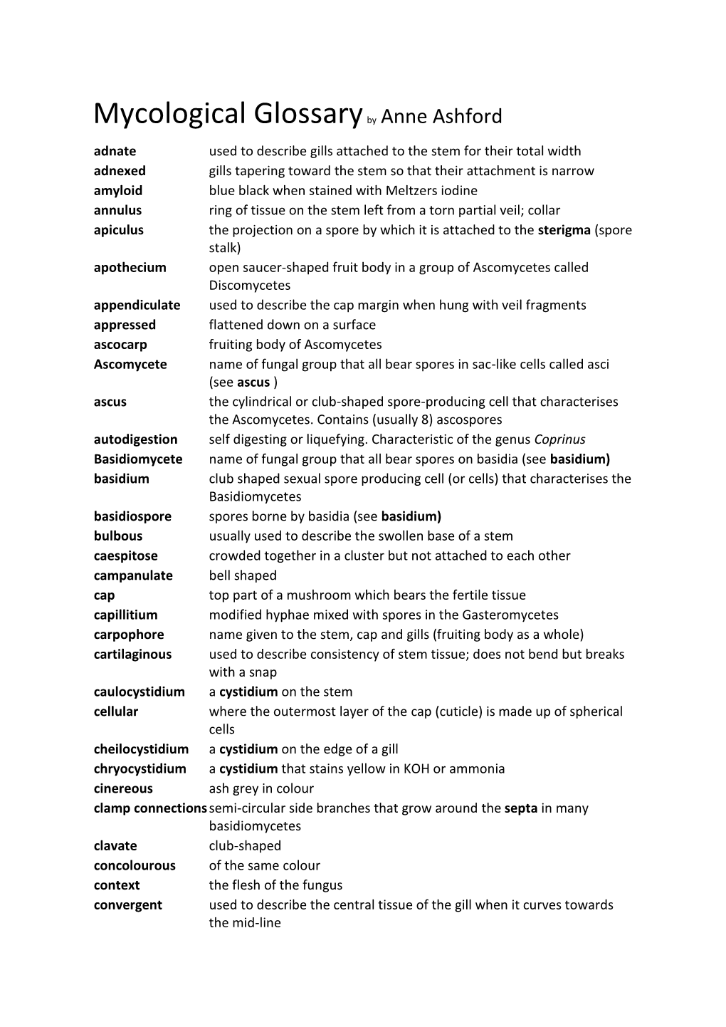 Mycological Glossaryby Anne Ashford