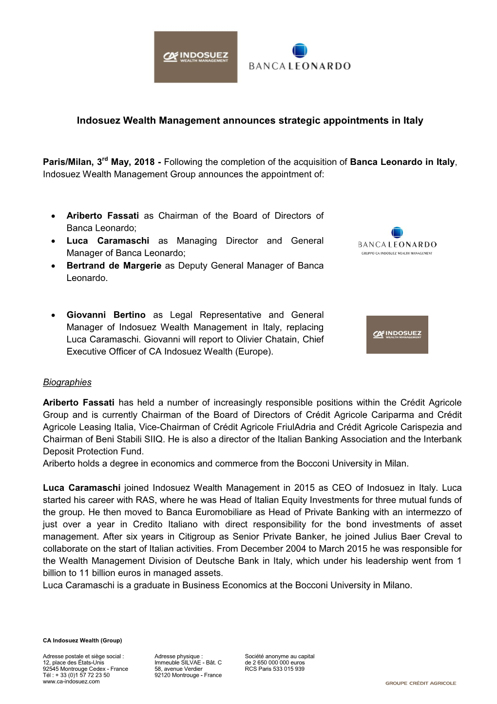 Indosuez Wealth Management Announces Strategic Appointments in Italy