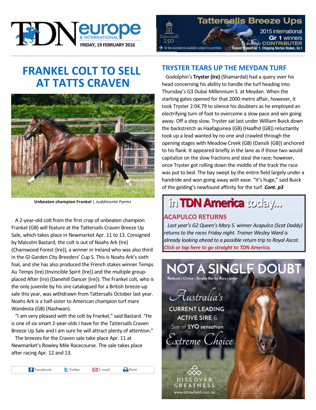 Frankel Colt to Sell at Tatts Craven