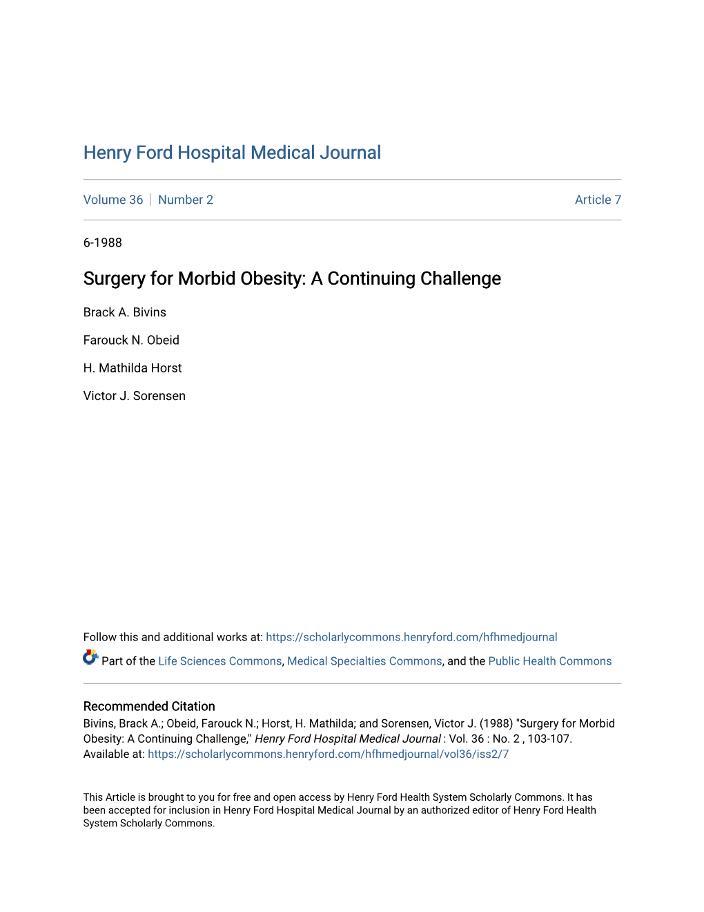 Surgery for Morbid Obesity: a Continuing Challenge