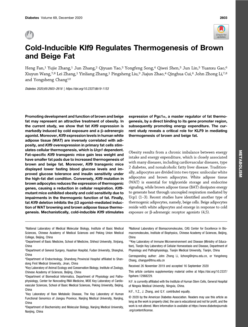 Cold-Inducible Klf9 Regulates Thermogenesis of Brown and Beige Fat