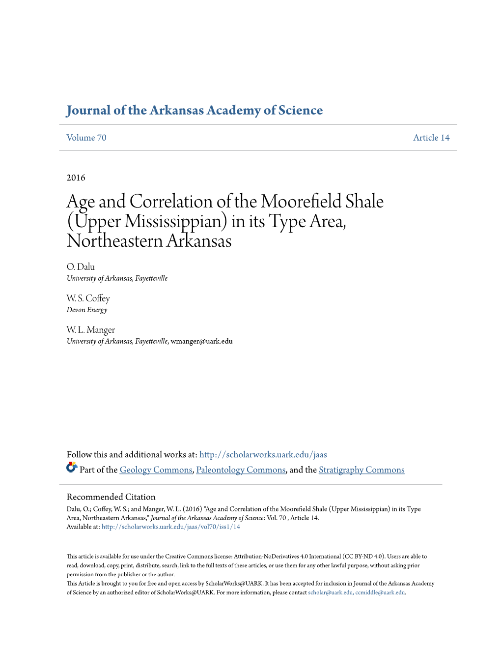 Age and Correlation of the Moorefield Shale (Upper Mississippian) in Its Type Area, Northeastern Arkansas,