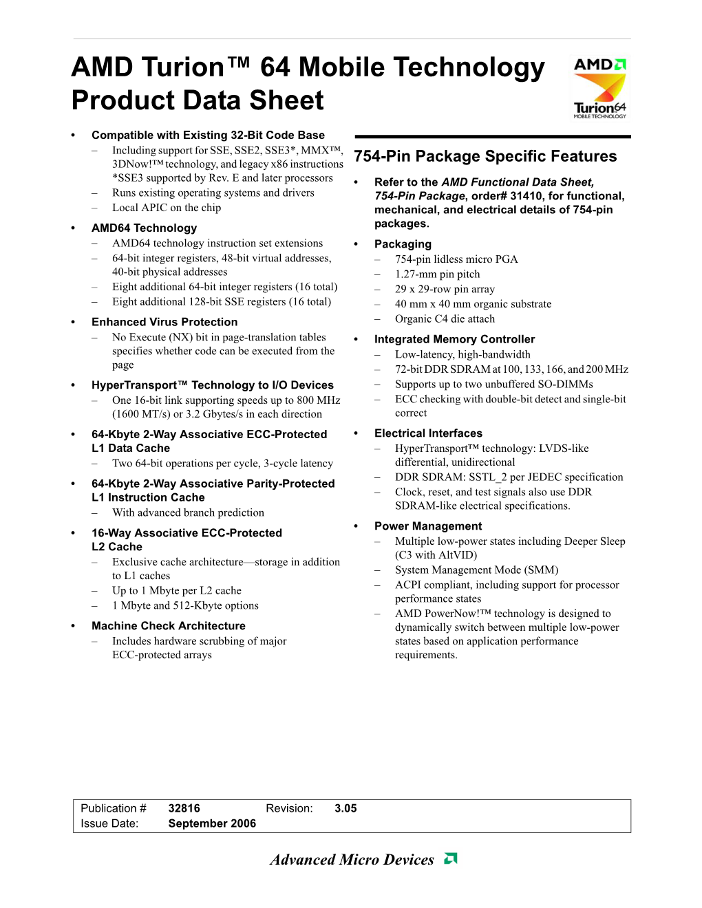 AMD Turion 64 Mobile Technology Product Data Sheet