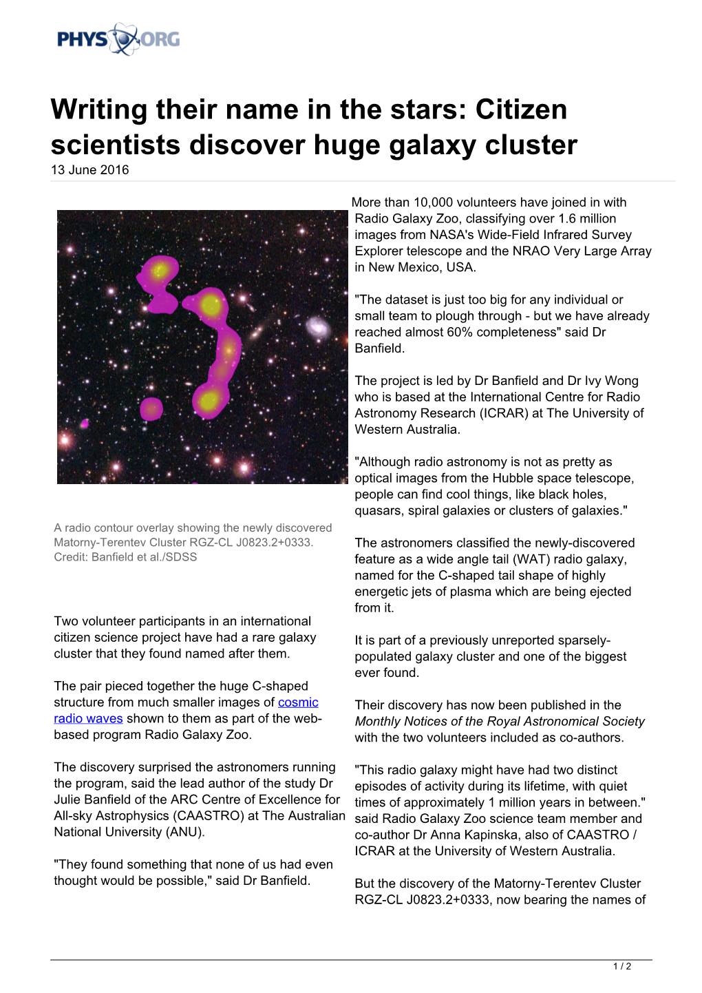 Citizen Scientists Discover Huge Galaxy Cluster 13 June 2016