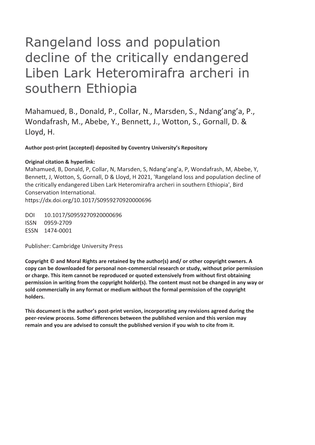 Rangeland Loss and Population Decline of the Critically Endangered Liben Lark Heteromirafra Archeri in Southern Ethiopia