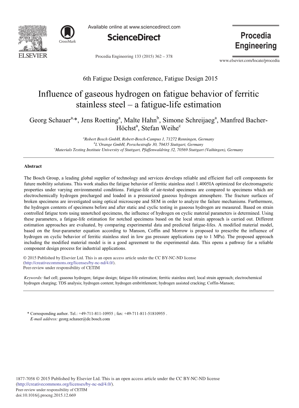 Influence of Gaseous Hydrogen on Fatigue Behavior of Ferritic Stainless Steel – a Fatigue-Life Estimation