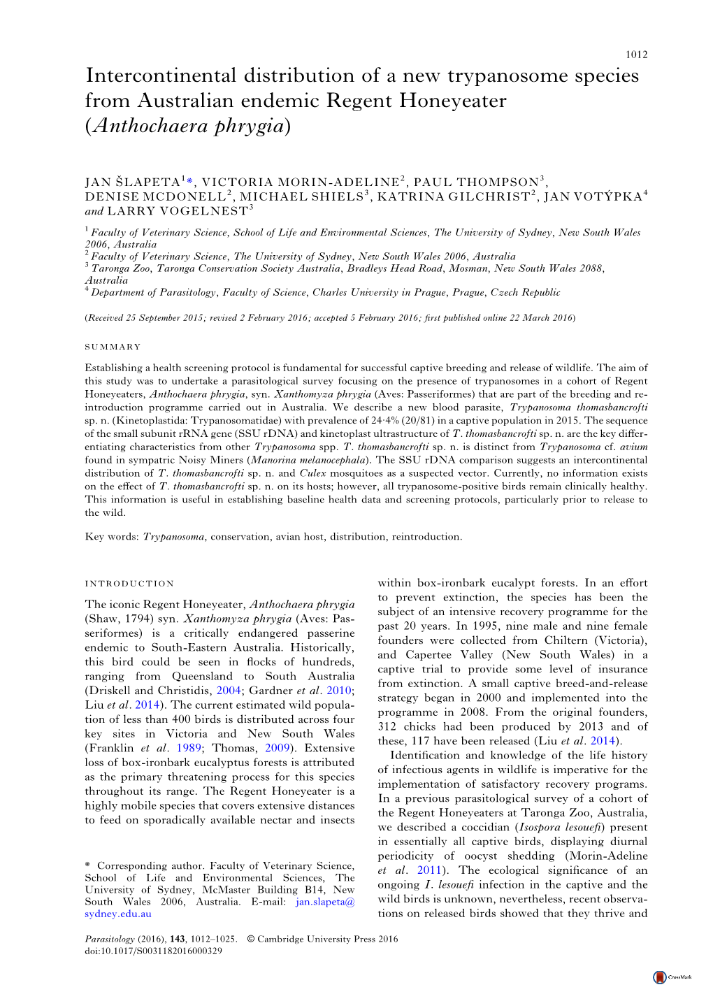 Intercontinental Distribution of a New Trypanosome Species from Australian Endemic Regent Honeyeater (Anthochaera Phrygia)