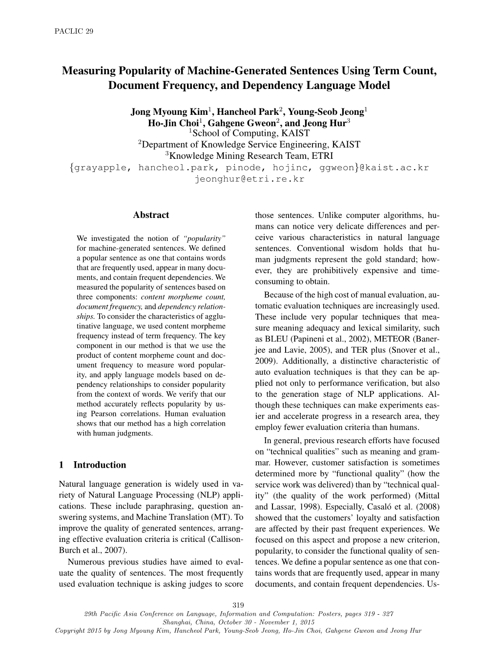 Measuring Popularity of Machine-Generated Sentences Using Term Count, Document Frequency, and Dependency Language Model