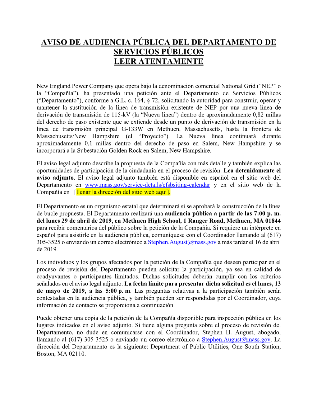 Aviso De Audiencia Pública Del Departamento De Servicios Públicos Leer Atentamente