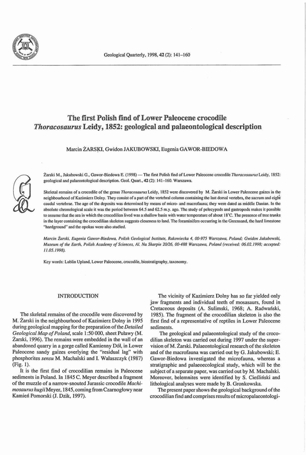 The First Polish Find of Lower Paleocene Crocodile Thoracosaurus Leidy