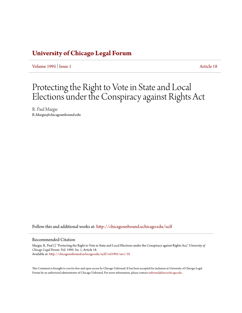 Protecting the Right to Vote in State and Local Elections Under the Conspiracy Against Rights Act R