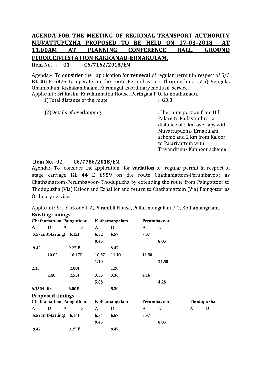 Agenda for the Meeting of Regional Transport