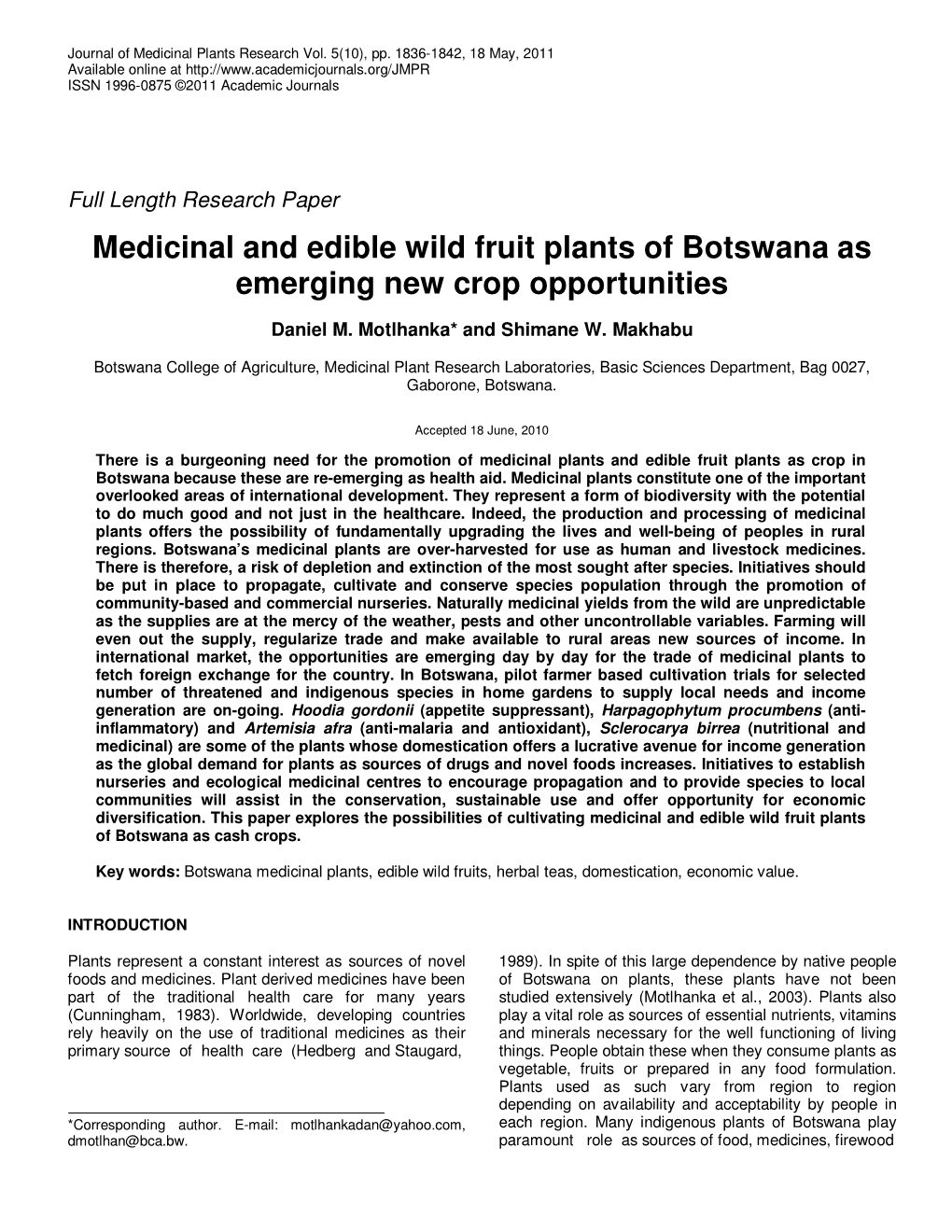 Medicinal and Edible Wild Fruit Plants of Botswana As Emerging New Crop Opportunities