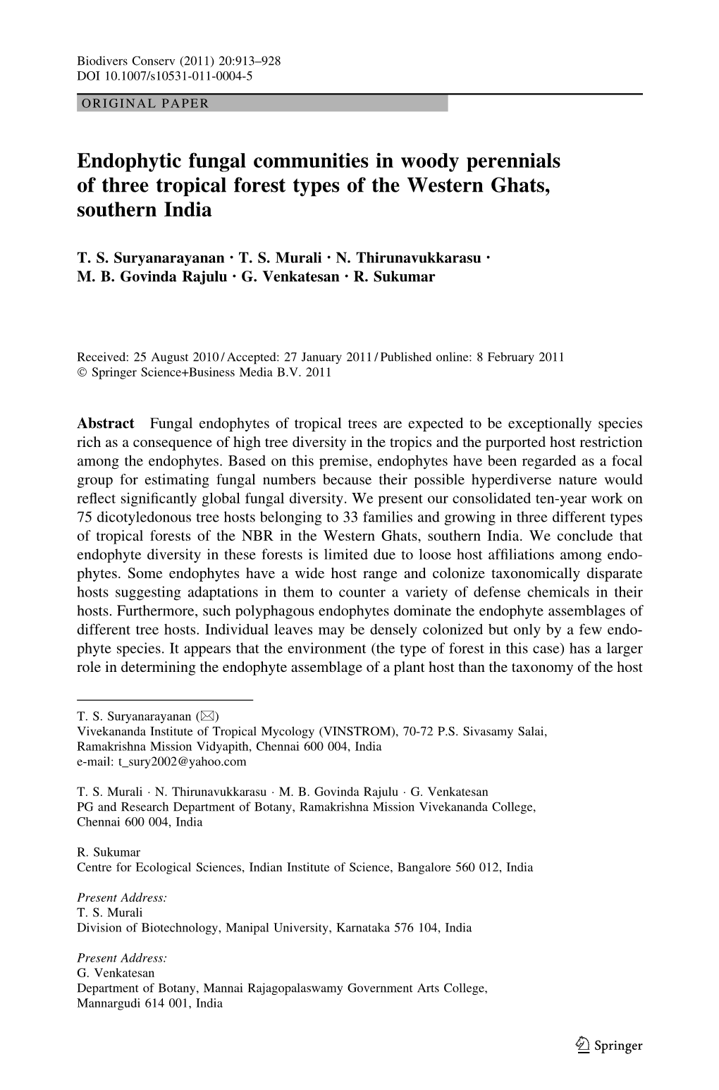 Endophytic Fungal Communities in Woody Perennials of Three Tropical Forest Types of the Western Ghats, Southern India