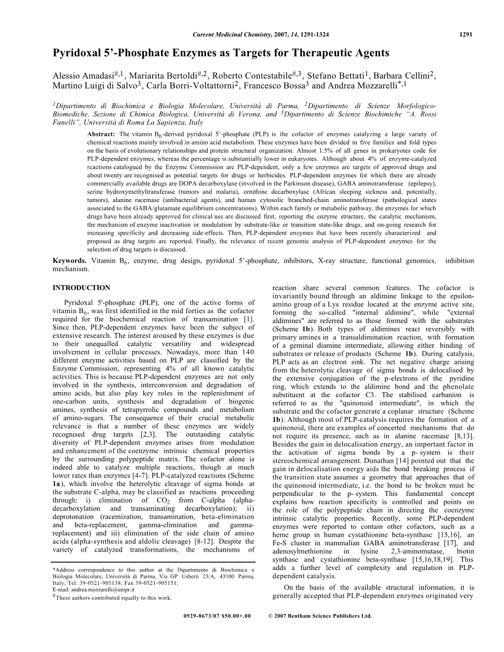 Pyridoxal 5'-Phosphate Enzymes As Targets for Therapeutic Agents