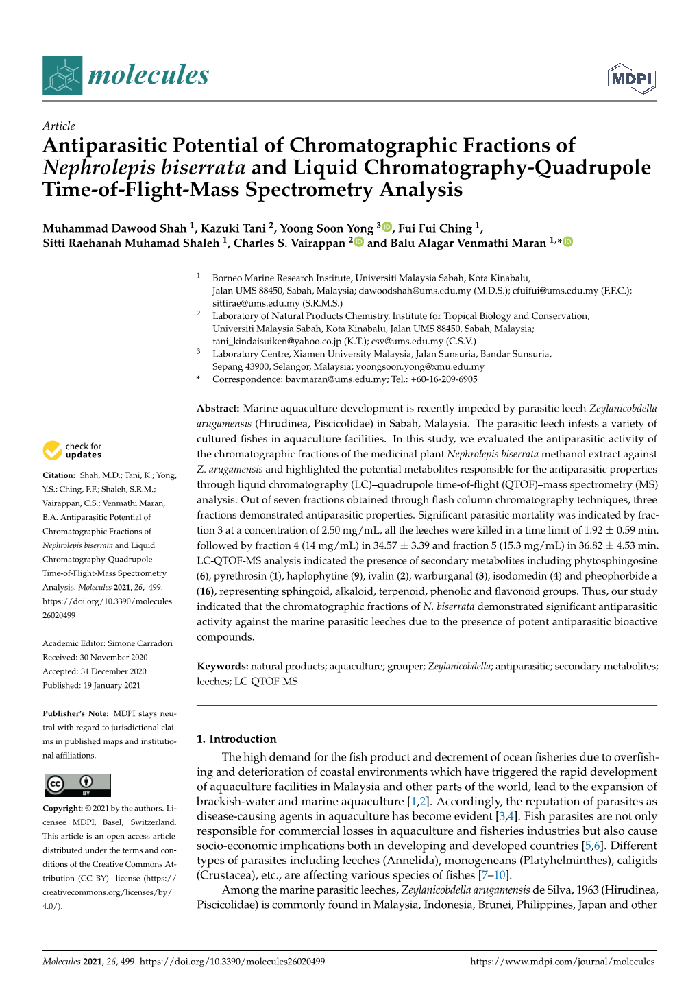 Antiparasitic Potential of Chromatographic Fractions of Nephrolepis Biserrata and Liquid Chromatography-Quadrupole Time-Of-Flight-Mass Spectrometry Analysis