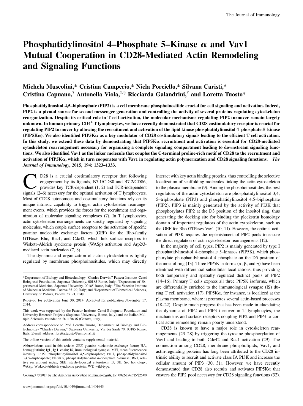 Signaling Functions CD28-Mediated Actin Remodeling and and Vav1 Mutual Cooperation in Α Kinase