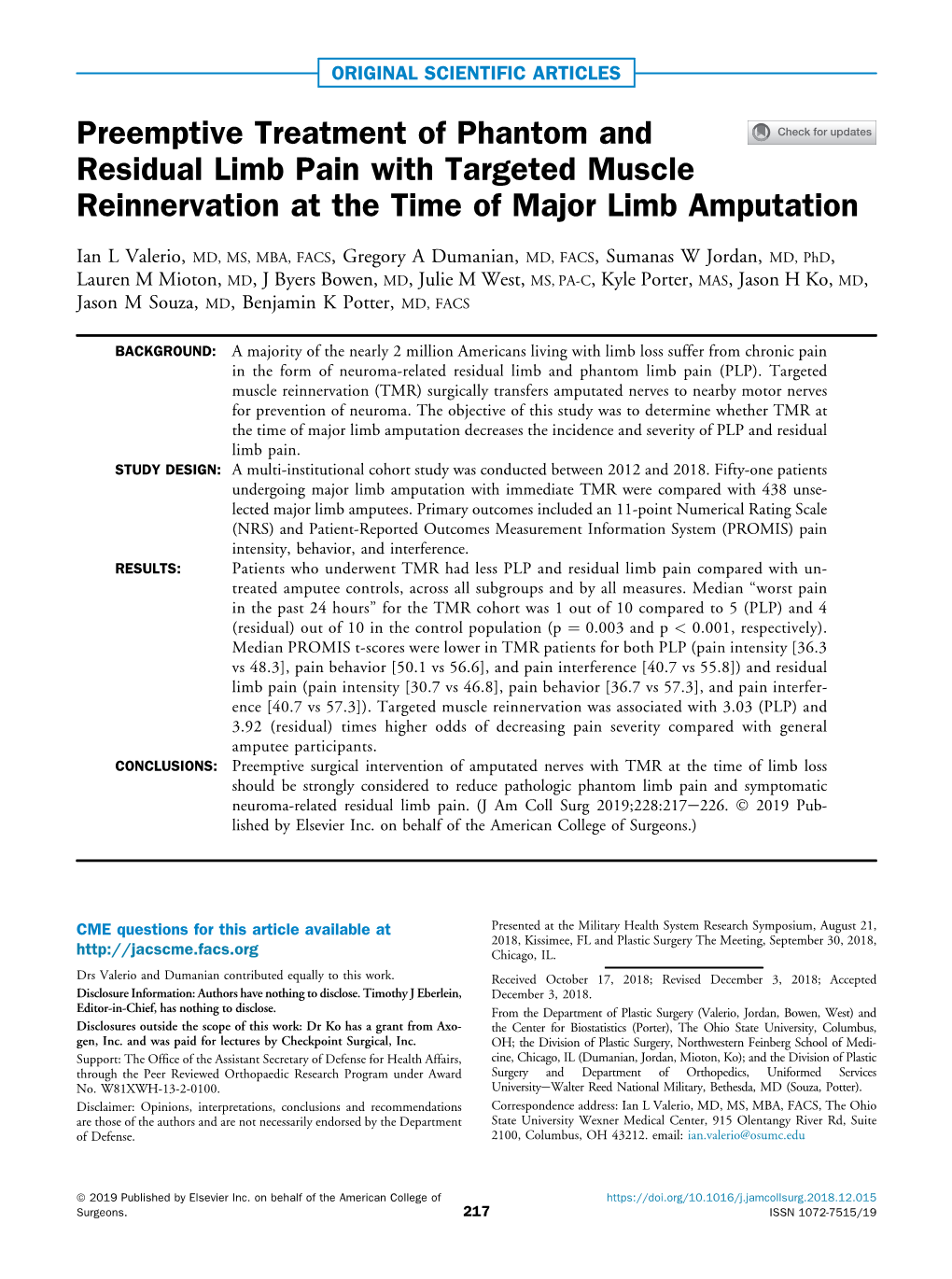 Preemptive Treatment of Phantom and Residual Limb Pain with Targeted Muscle Reinnervation at the Time of Major Limb Amputation