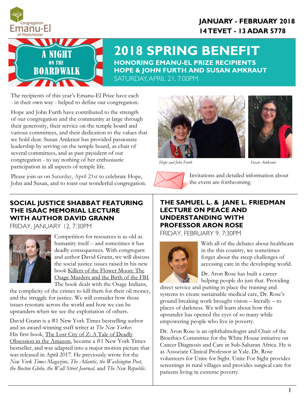 2018 Spring Benefit on the Honoring Emanu-El Prize Recipients Boardwalk Hope & John Furth and Susan Amkraut Saturday, April 21, 7:00Pm