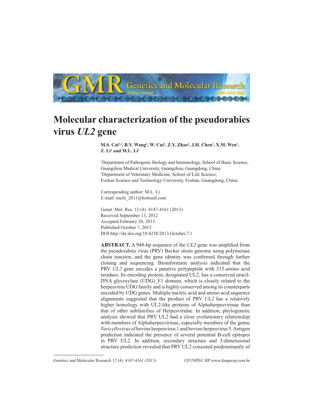 Molecular Characterization of the Pseudorabies Virus UL2 Gene