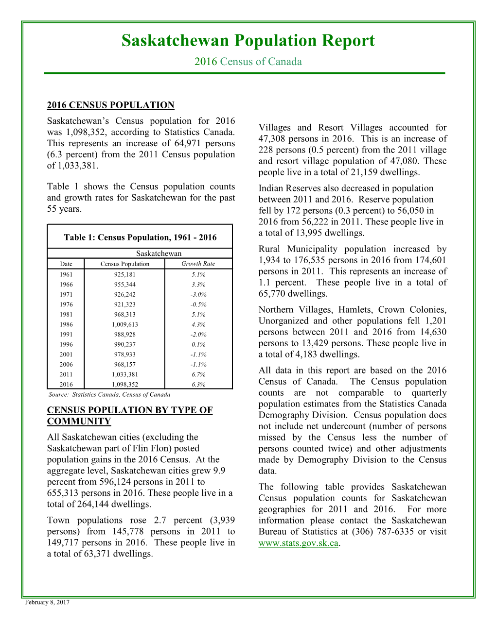 Saskatchewan Population Report 2016 Census of Canada