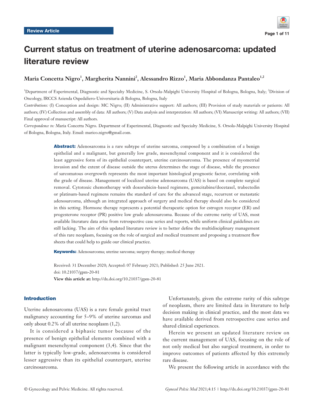 Current Status on Treatment of Uterine Adenosarcoma: Updated Literature Review