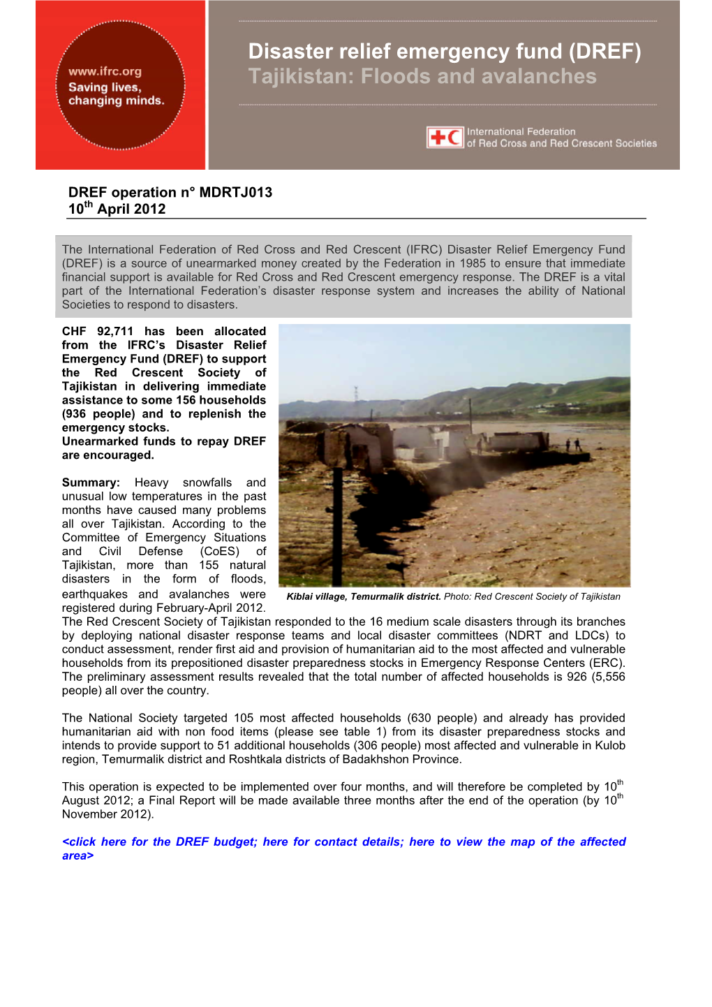 Disaster Relief Emergency Fund (DREF) Tajikistan: Floods and Avalanches