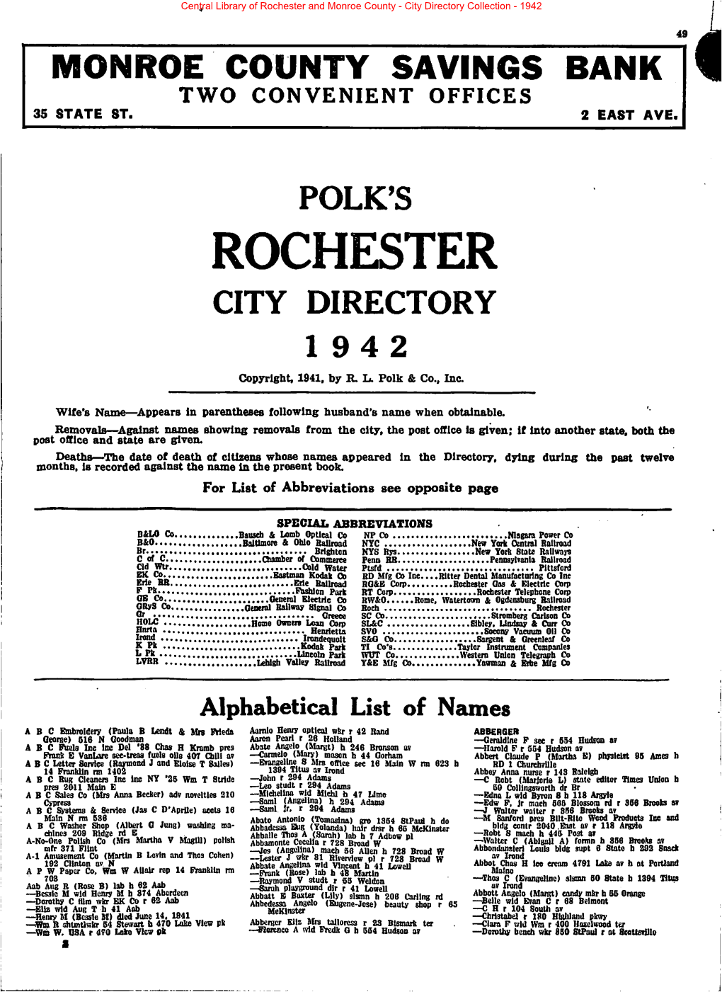 Rochester and Monroe County - City Directory Collection - 1942