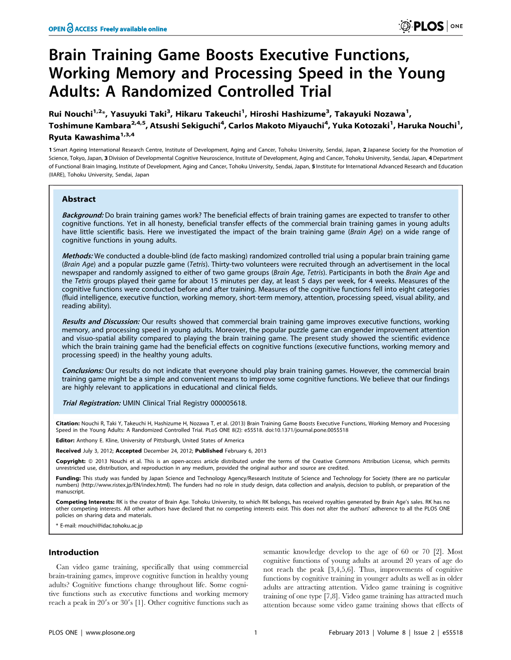 Brain Training Game Boosts Executive Functions, Working Memory and Processing Speed in the Young Adults: a Randomized Controlled Trial