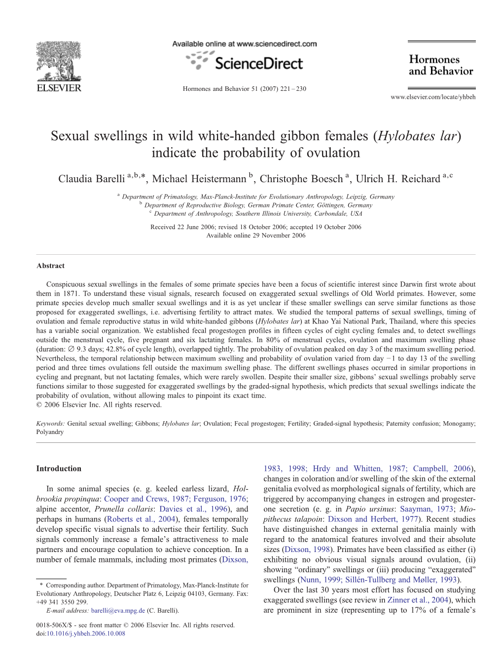 Sexual Swellings in Wild White-Handed Gibbon Females