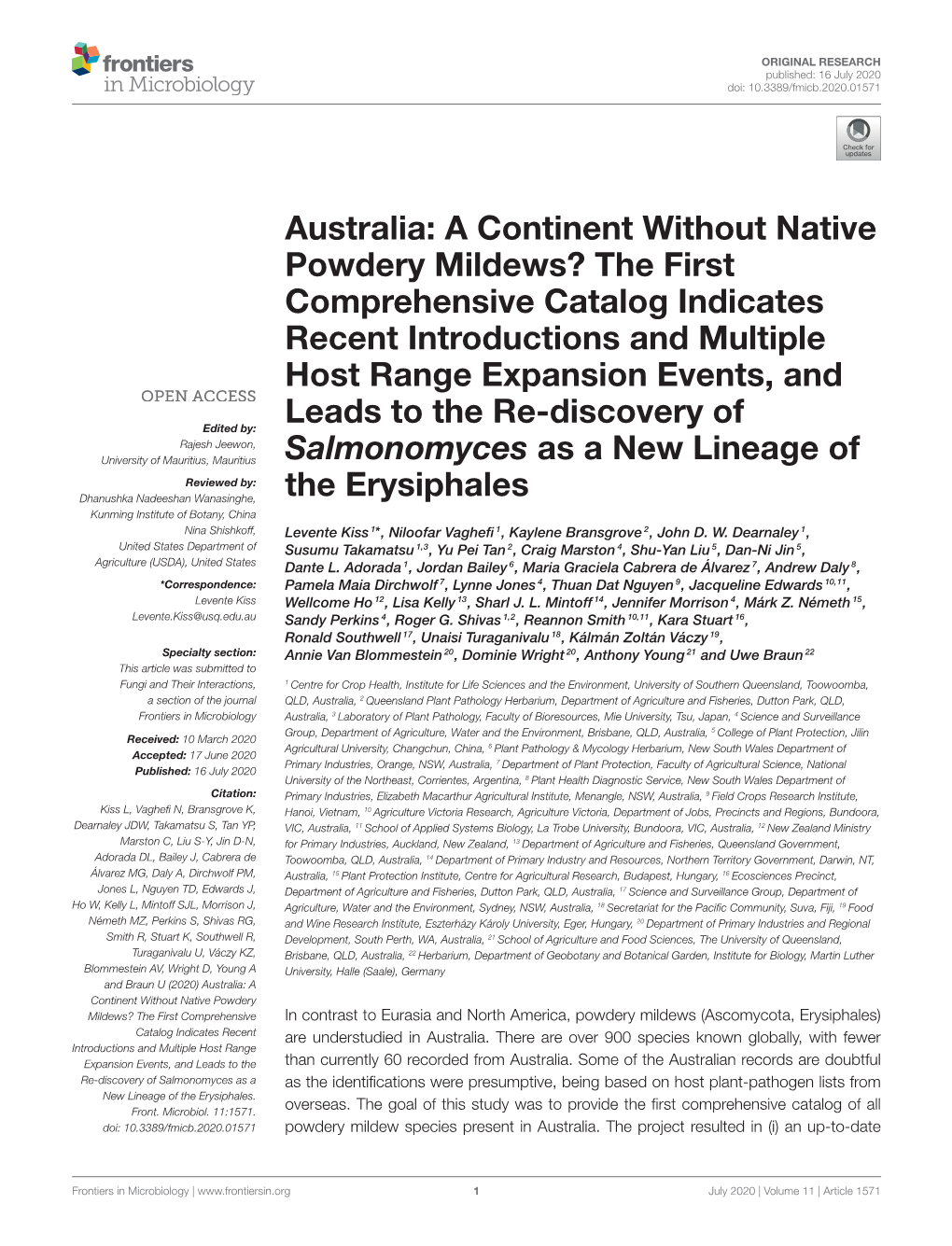 Australia: a Continent Without Native Powdery Mildews? the First Comprehensive Catalog Indicates Recent Introductions and Multiple Host Range Expansion Events, And