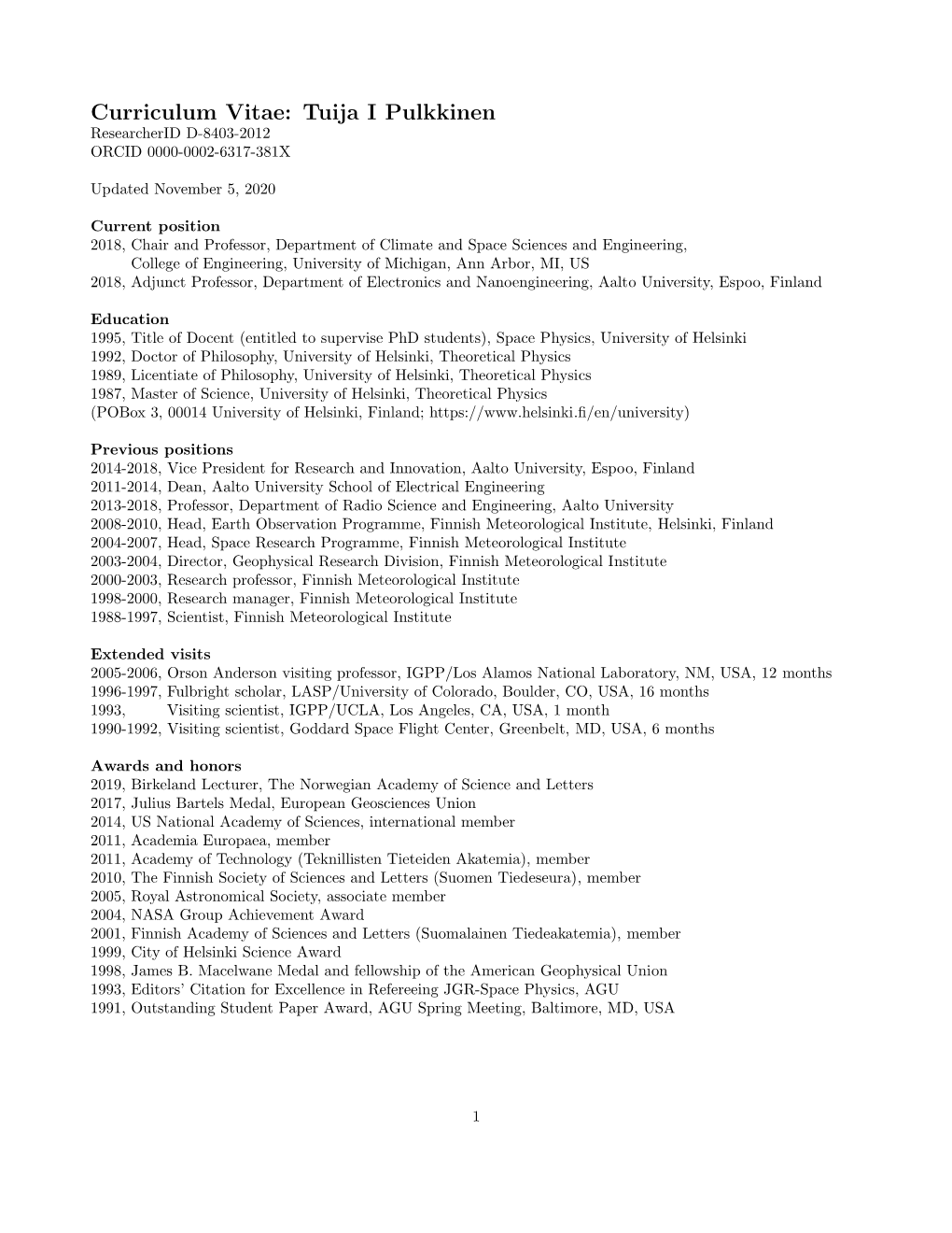 Curriculum Vitae: Tuija I Pulkkinen Researcherid D-8403-2012 ORCID 0000-0002-6317-381X