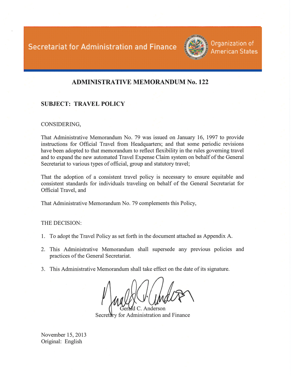 Administrative Memorandum 122 – Travel Policy