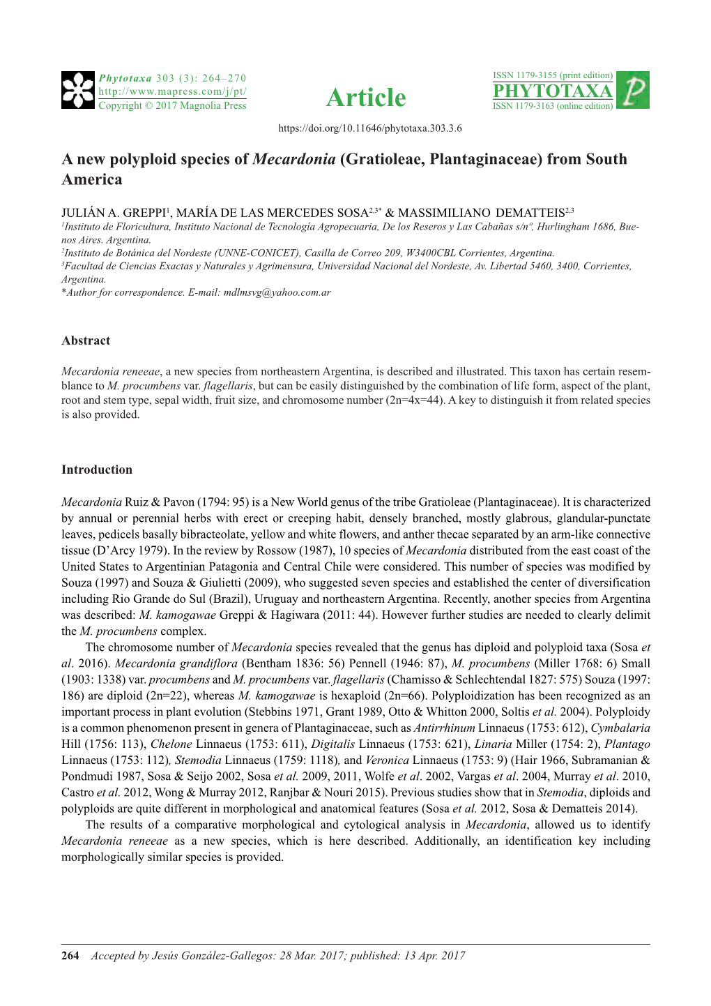 A New Polyploid Species of Mecardonia (Gratioleae, Plantaginaceae) from South America