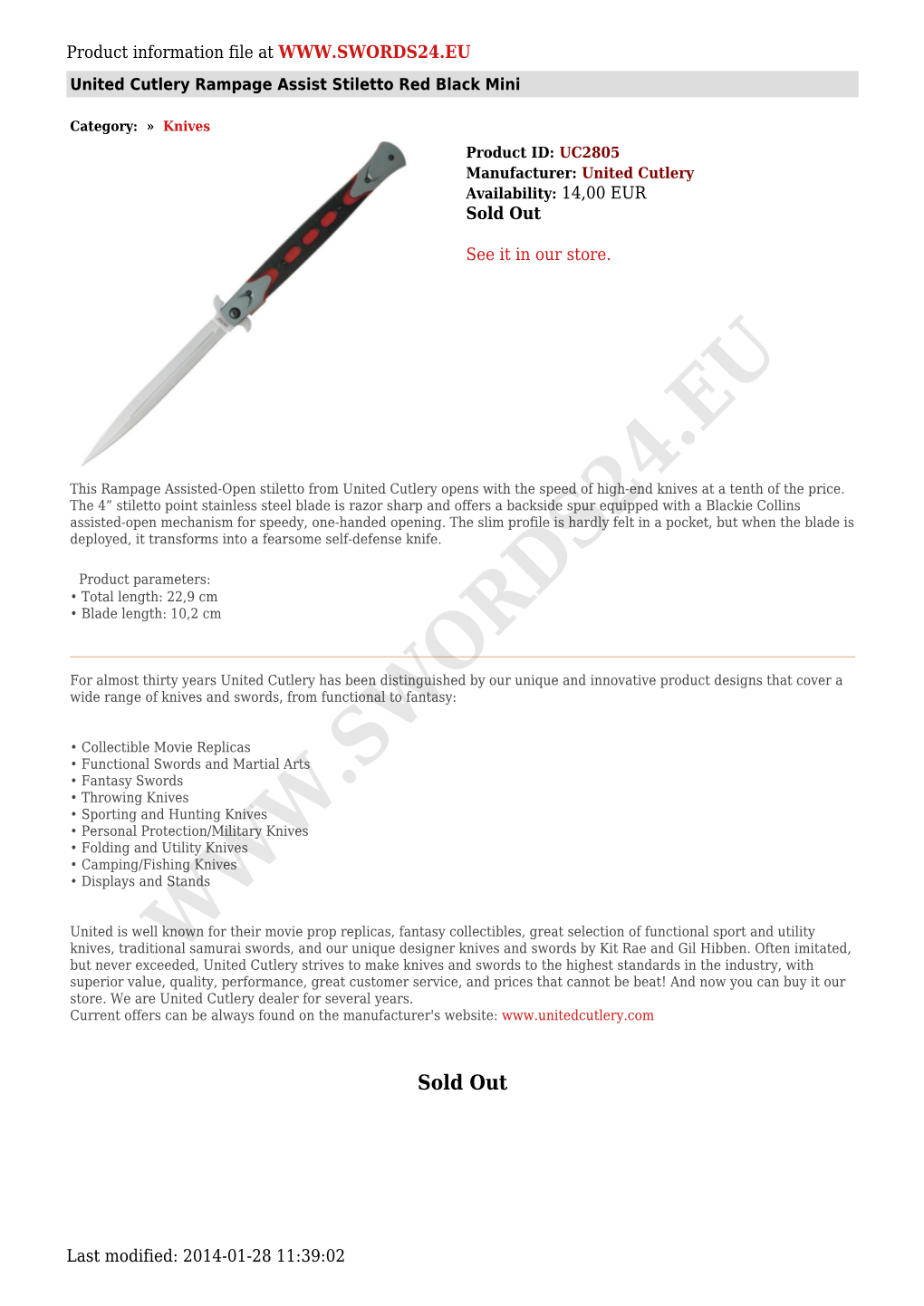 Product Information File at United Cutlery Rampage Assist Stiletto Red Black Mini