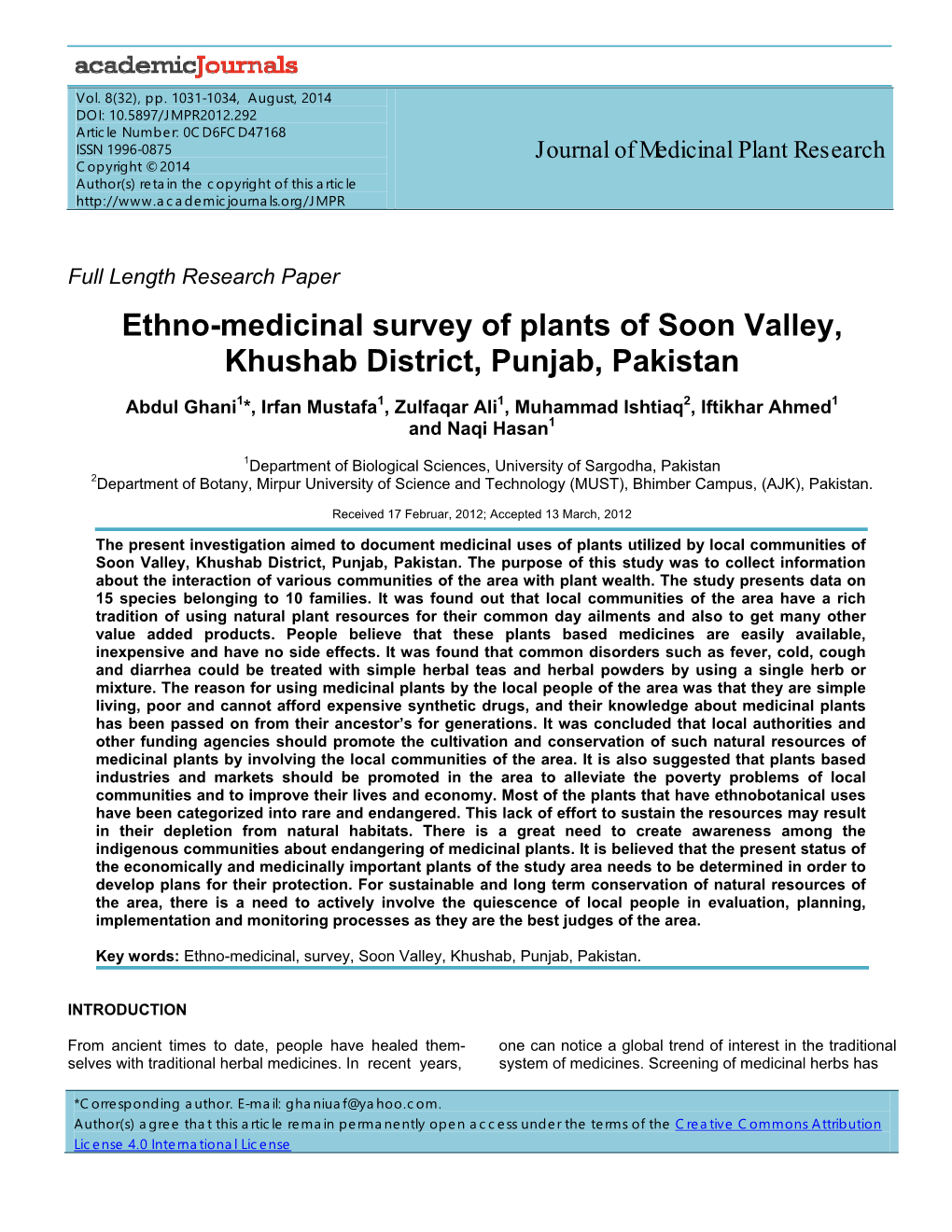 Ethno-Medicinal Survey of Plants of Soon Valley, Khushab District, Punjab, Pakistan