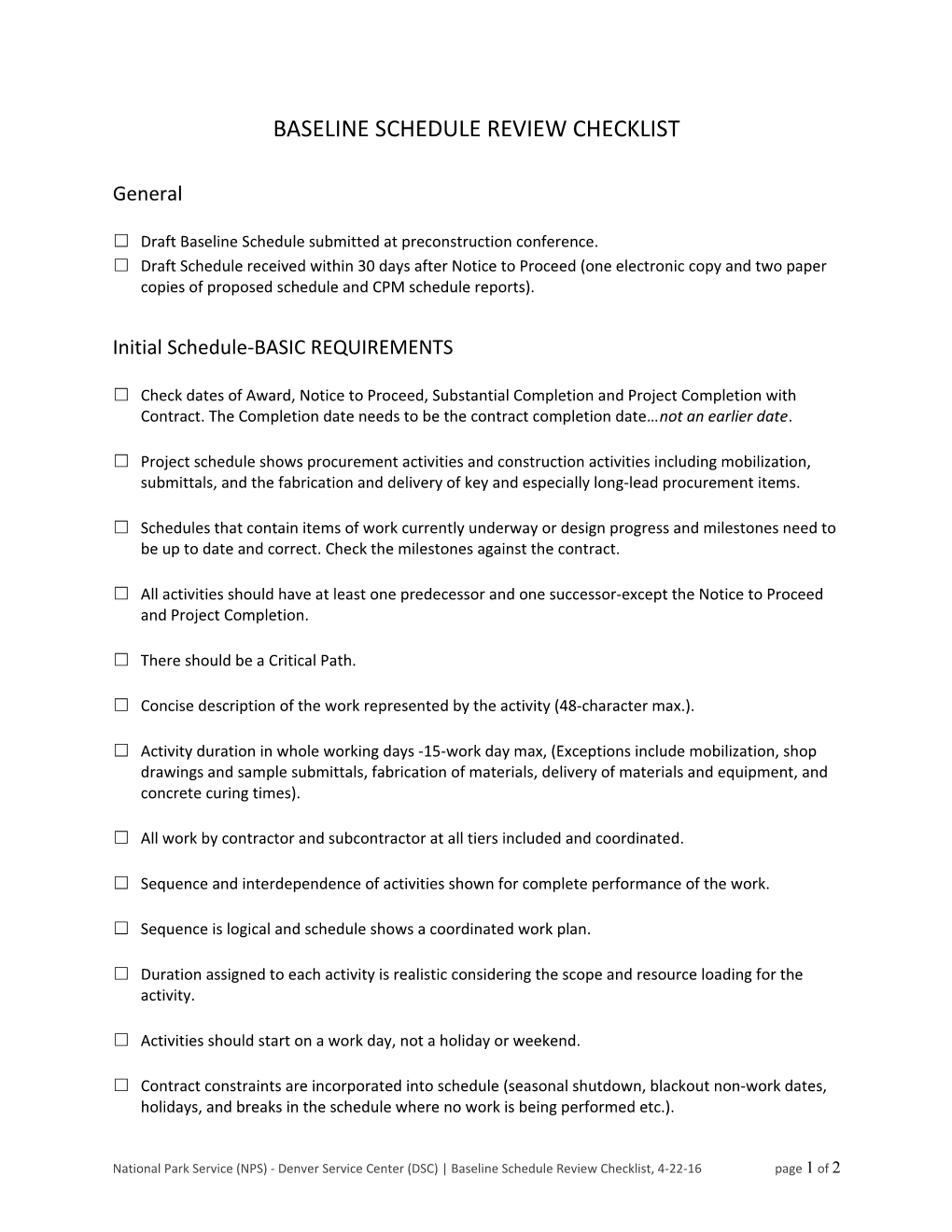 Baseline Schedule Review Checklist Form