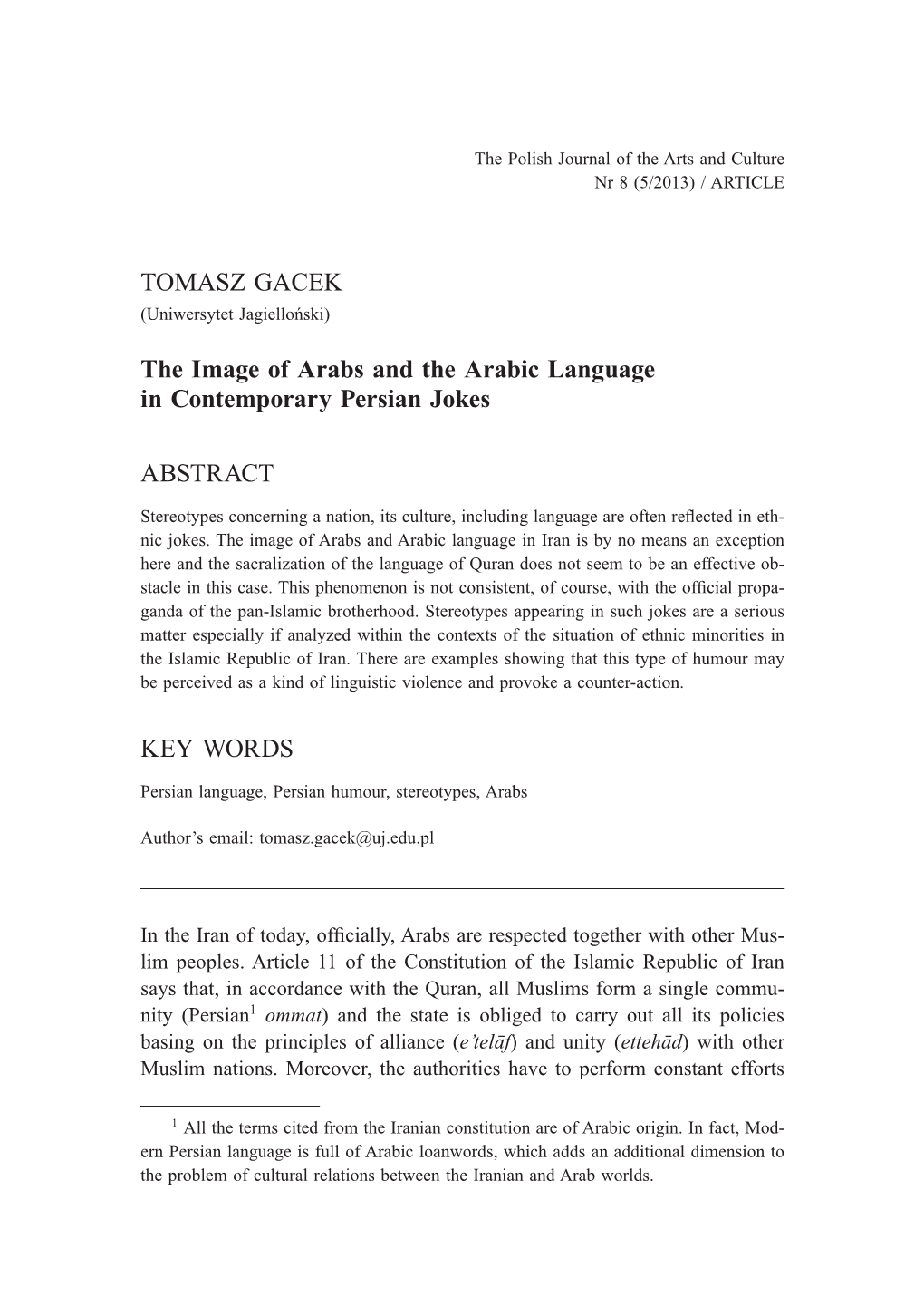 TOMASZ GACEK the Image of Arabs and the Arabic Language In