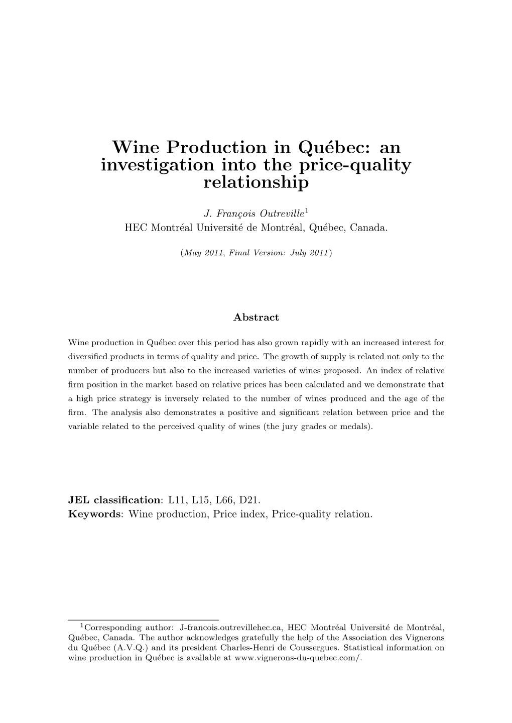 Wine Production in Québec: an Investigation Into the Price-Quality