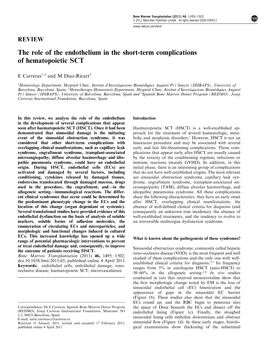 The Role of the Endothelium in the Short-Term Complications of Hematopoietic SCT