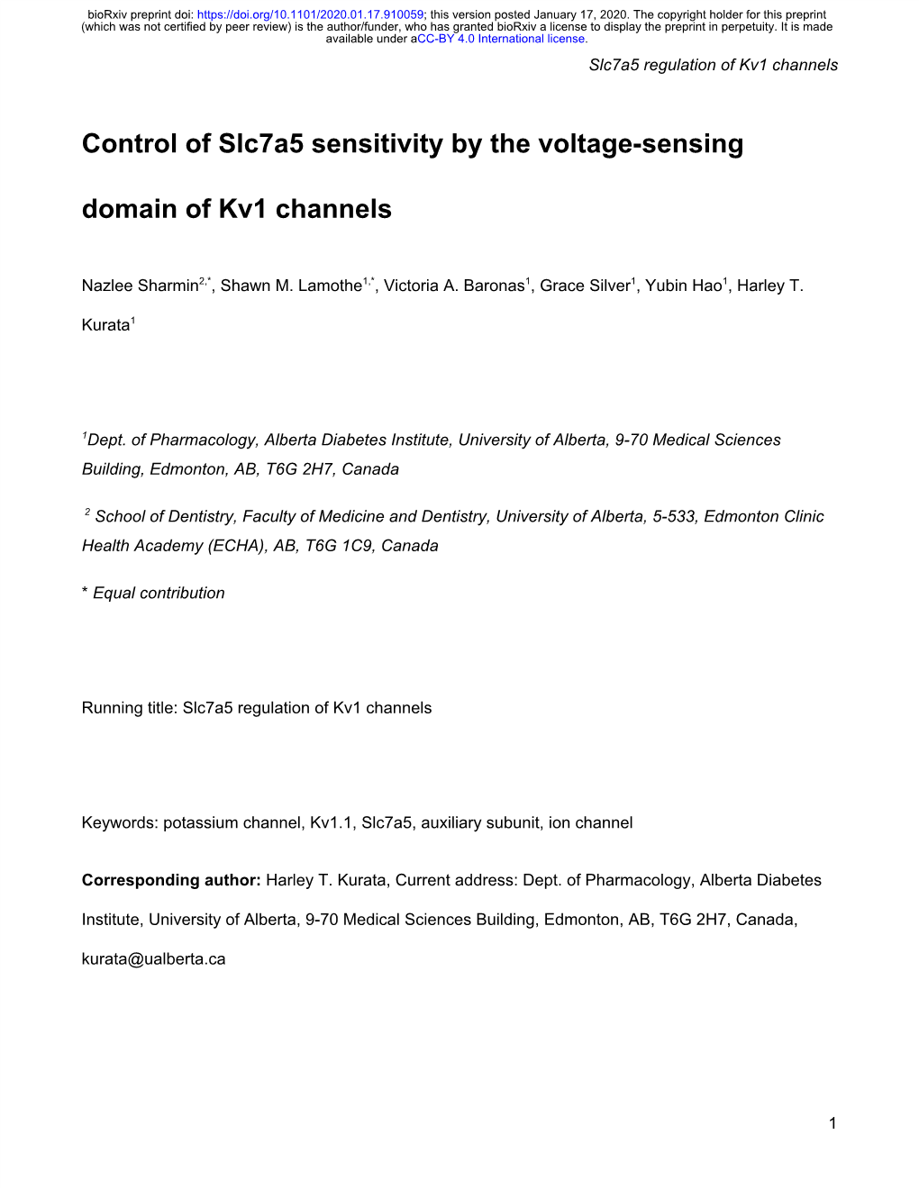 Control of Slc7a5 Sensitivity by the Voltage-Sensing Domain of Kv1