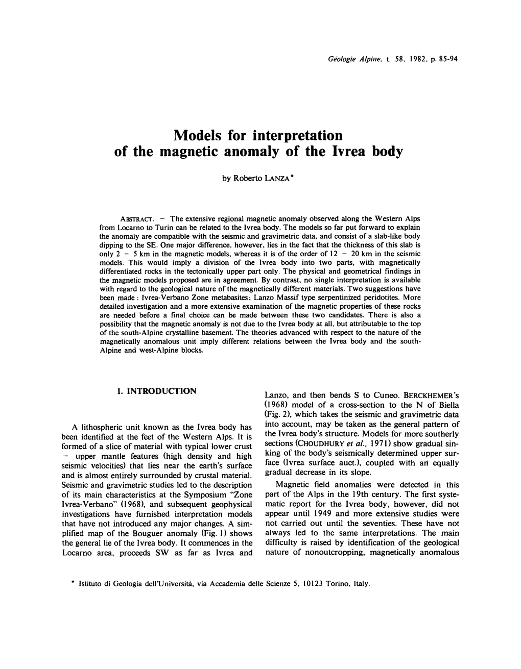Models for Interprétation of the Magnetic Anomaly of the Ivrea Body