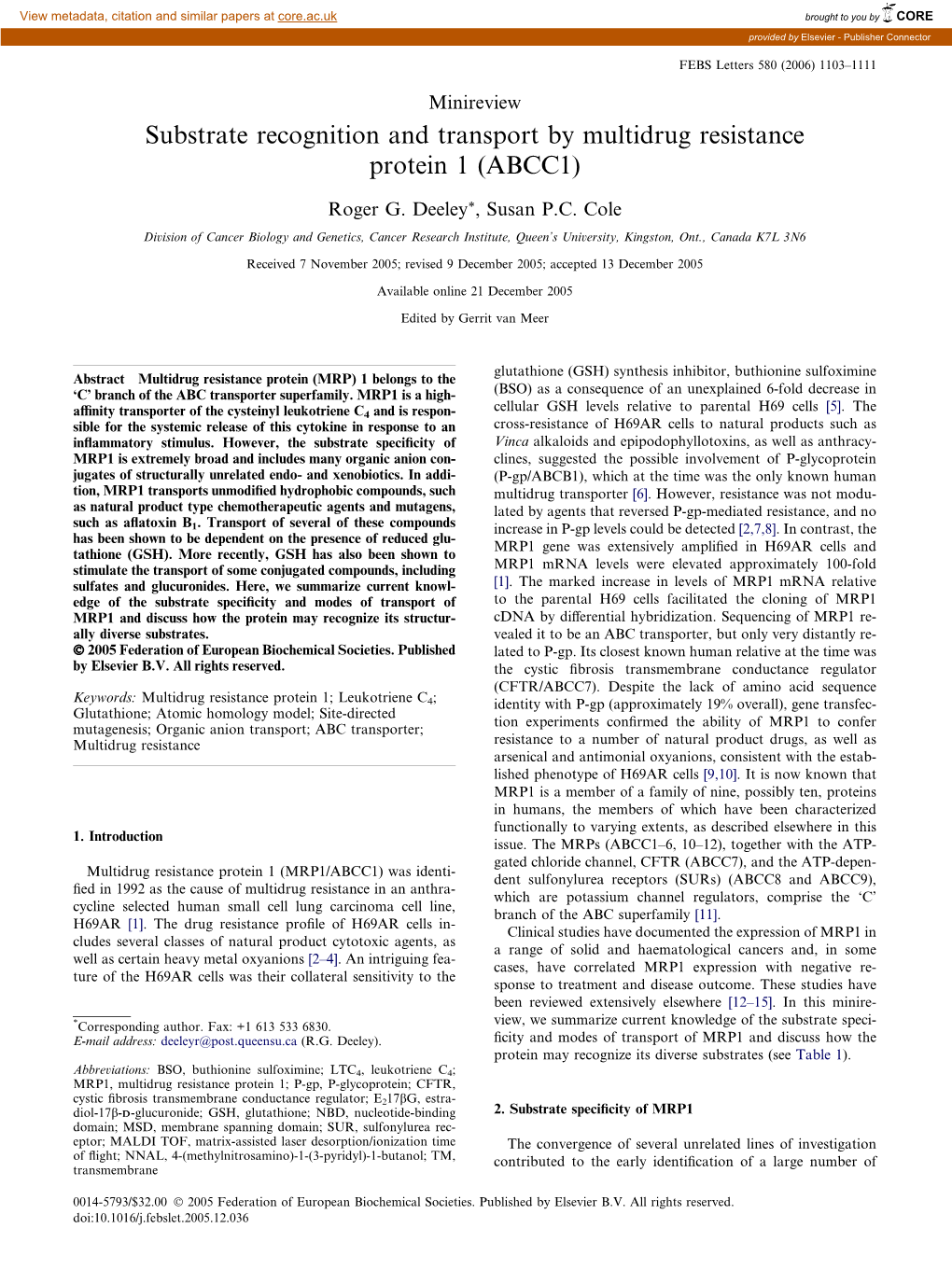 Substrate Recognition and Transport by Multidrug Resistance Protein 1 (ABCC1)