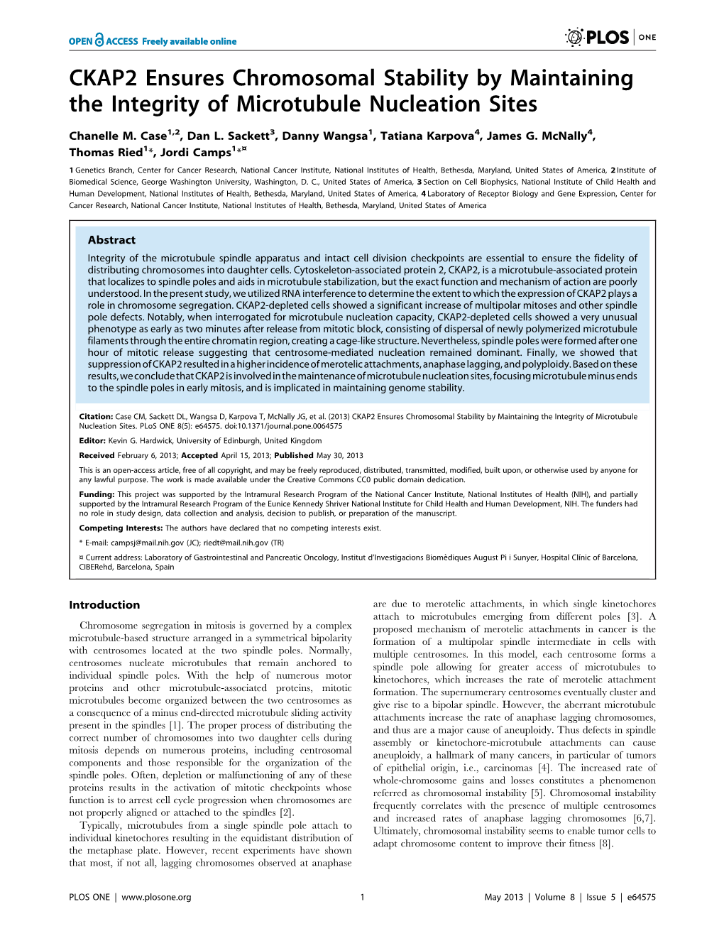 CKAP2 Ensures Chromosomal Stability by Maintaining the Integrity of Microtubule Nucleation Sites