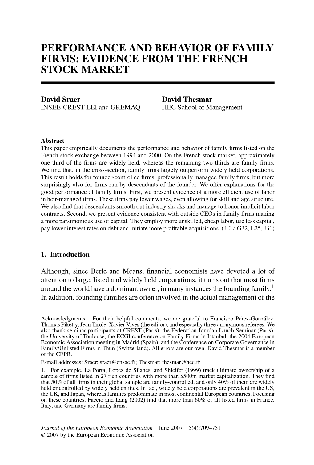 Performance and Behavior of Family Firms: Evidence from the French Stock Market