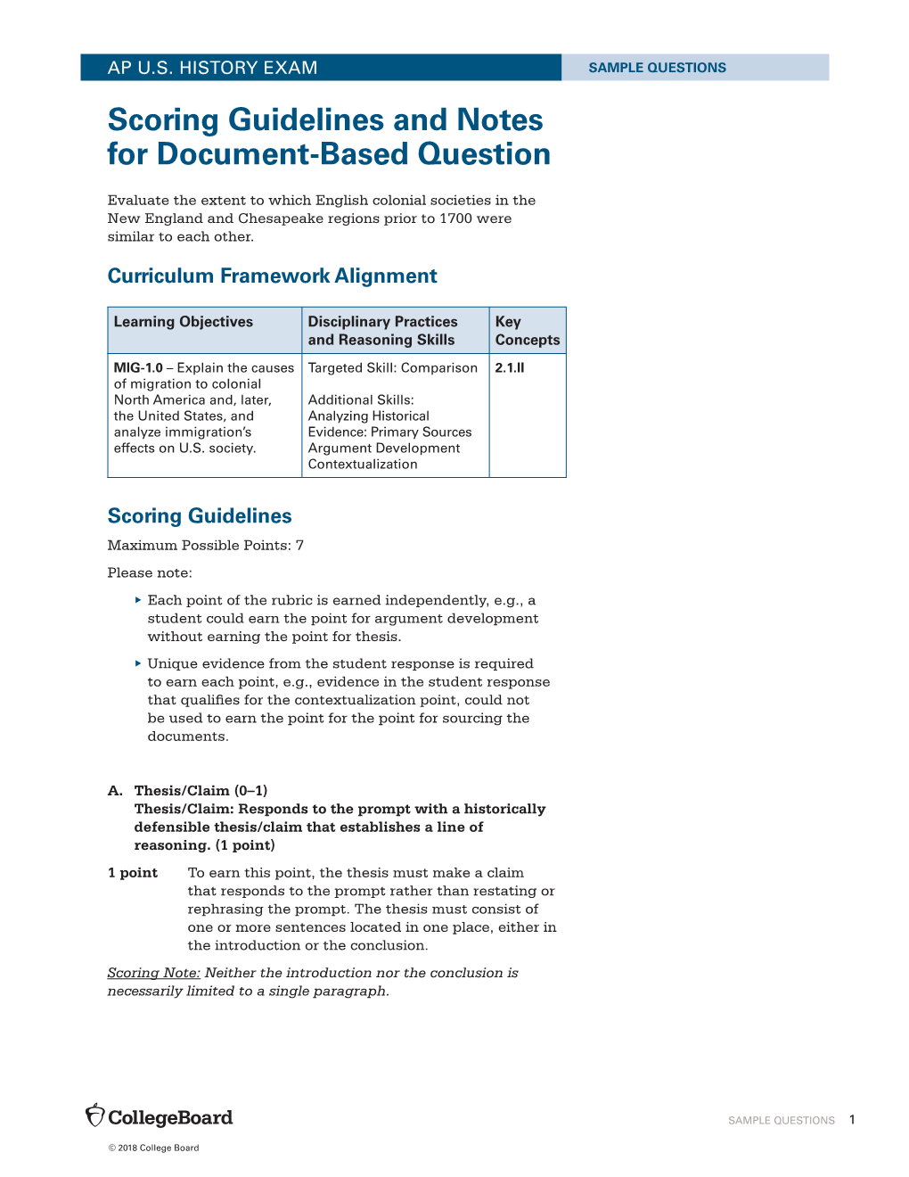 Scoring Guidelines and Notes for Document-Based Question