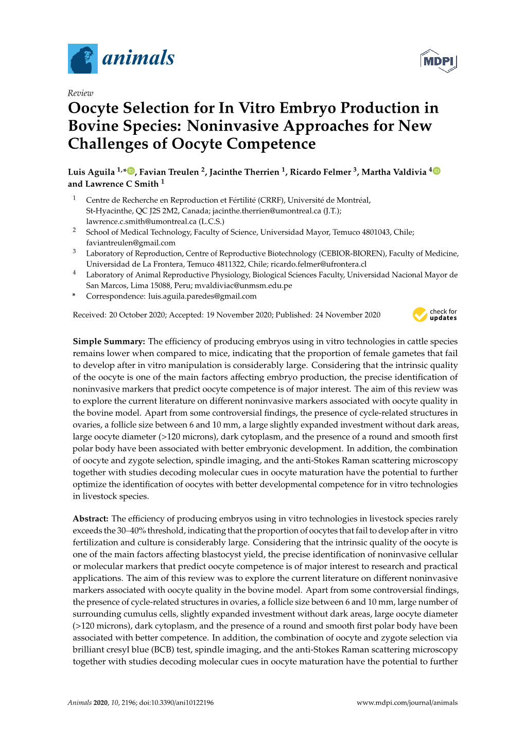 Oocyte Selection for in Vitro Embryo Production in Bovine Species: Noninvasive Approaches for New Challenges of Oocyte Competence