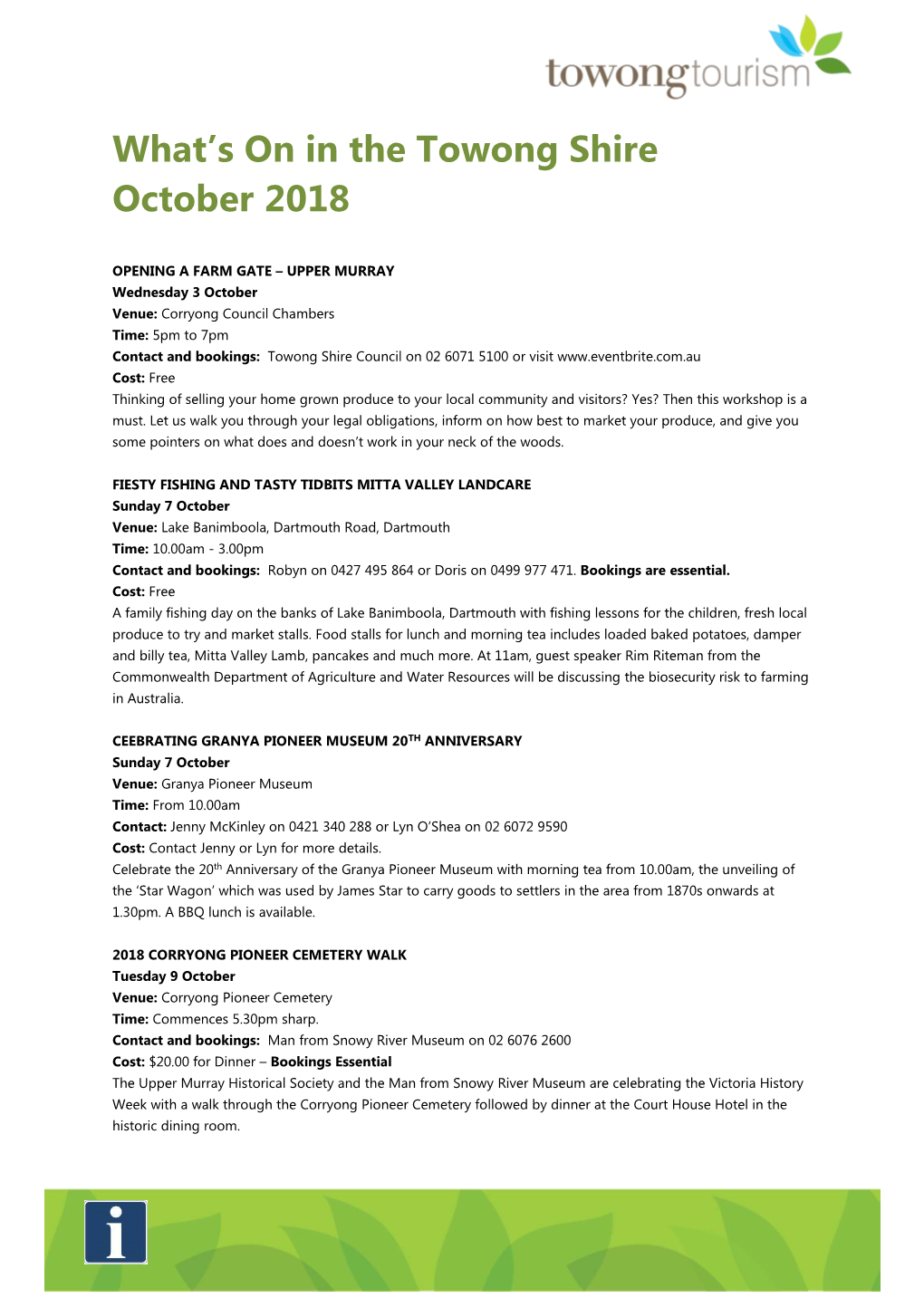What's on in the Towong Shire October 2018