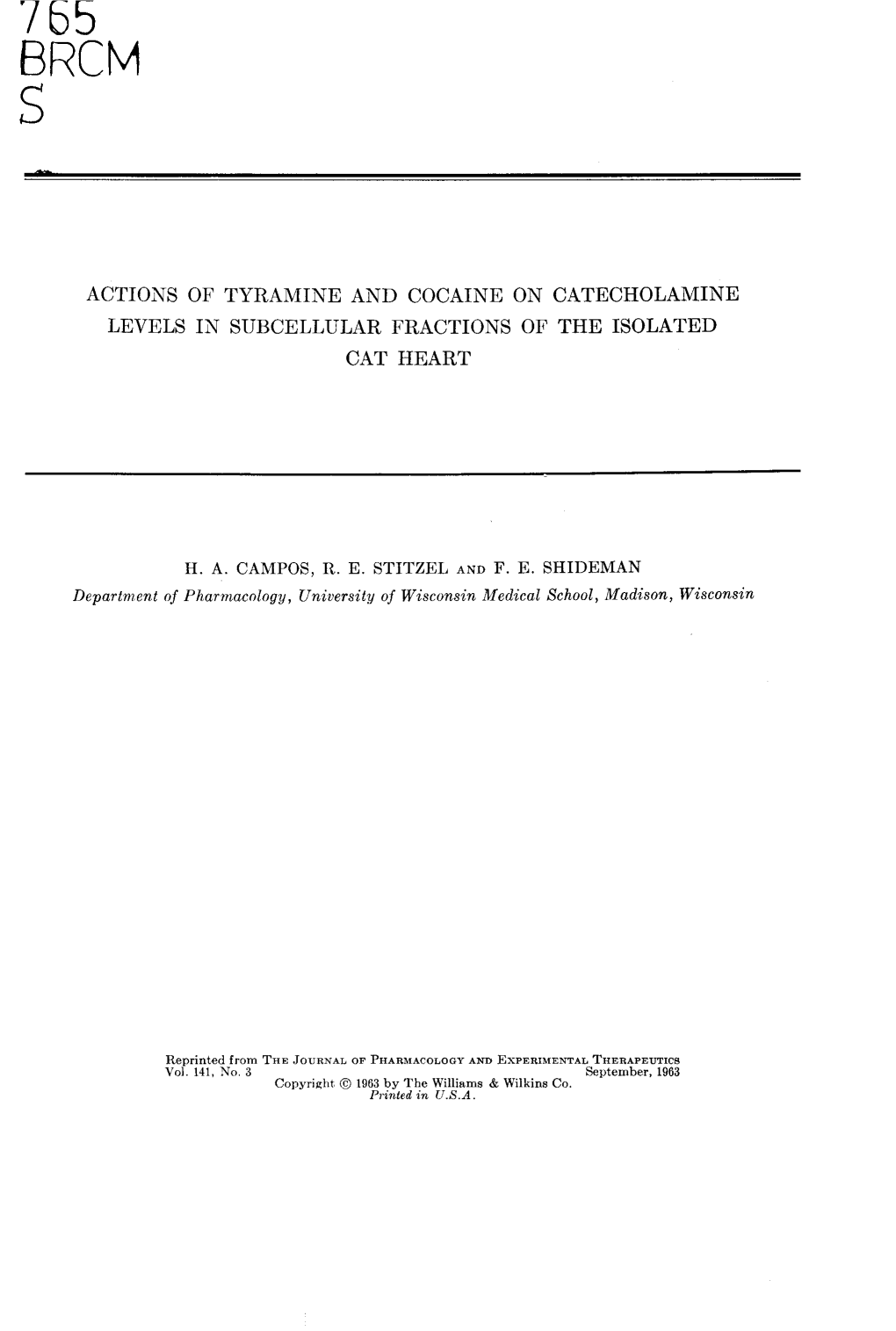 Actions of Tyramine and Cocaine on Catecholamine Levels in Subcellular Fractions of the Isolated Cat Heart